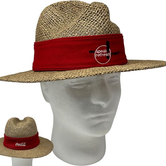 Vintage 90s Coca Cola Straw Panama Hat Cowboy Western Coke Soda Pop Logo Beige - Picture 1 of 9